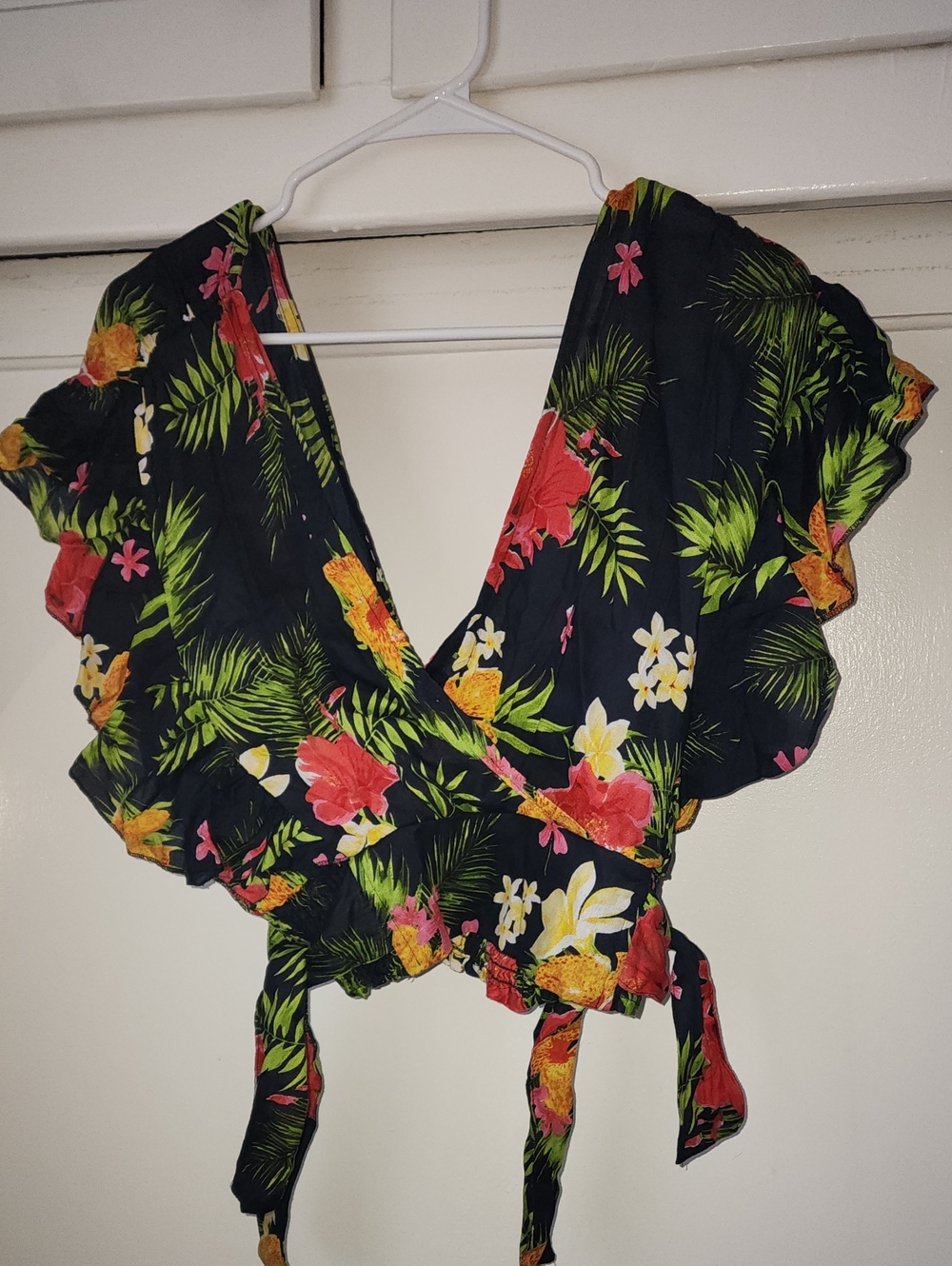 Floral Wrap Crop Top - Black with Tropical Print